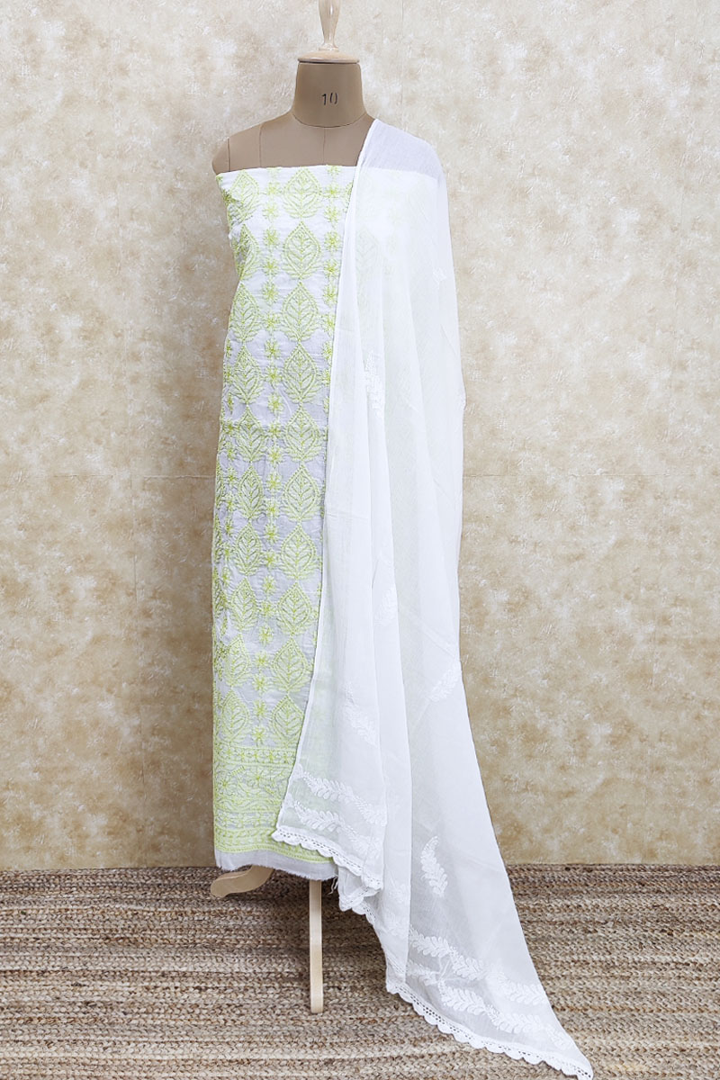 Lemon Color Hand Embroidered Luckowi Chikankari Kurta With Dupatta Set (cotton) Mc251922